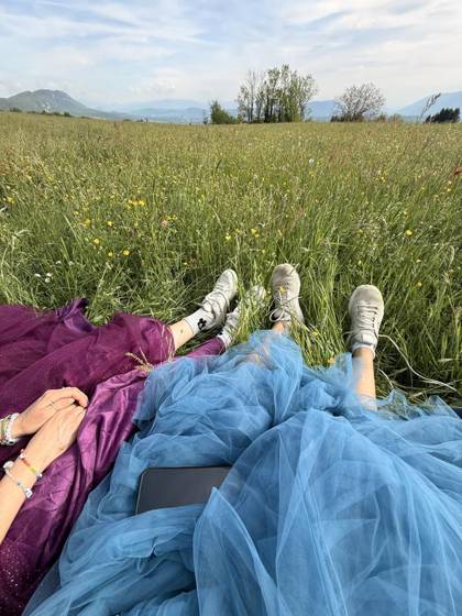 Tulle dresses and sneakers in the grass